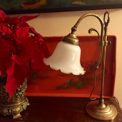 Traditional Edwardian Desk Lamp Brass and Opaline