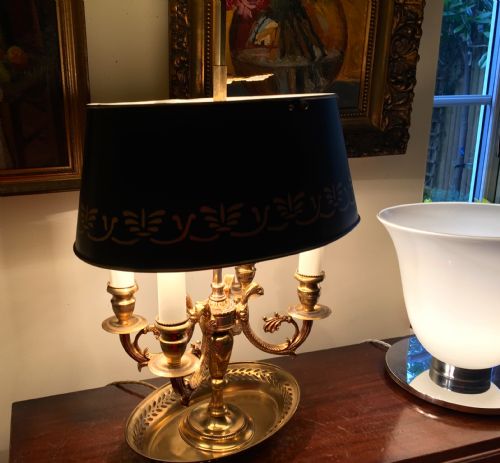 Impressive Bouillotte Desk Lamp Bronze and Green Toleware