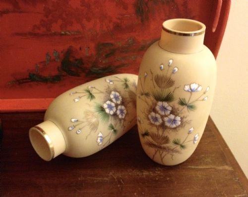 Wonderful Pair Art Nouveau Opaline Vases Enamelled

