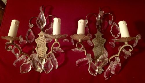 Pair Wall Lights Girandoles Crystal and Bronze 1920 Rench