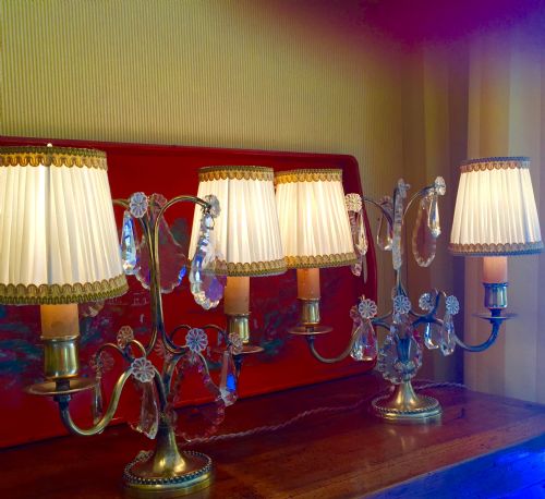 fig 1. Romantic Pair Tete a Tete Girandoles Bronze Crystal and Silk