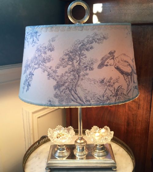 Bouillotte  Lamp Siver Plated, Crystal and Toile De Jouy