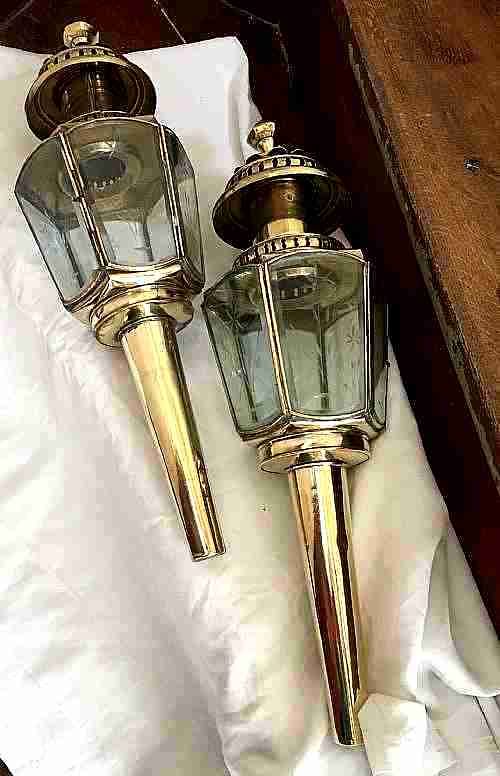 Pair Large 1900 Etched Coach Lanterns Brass