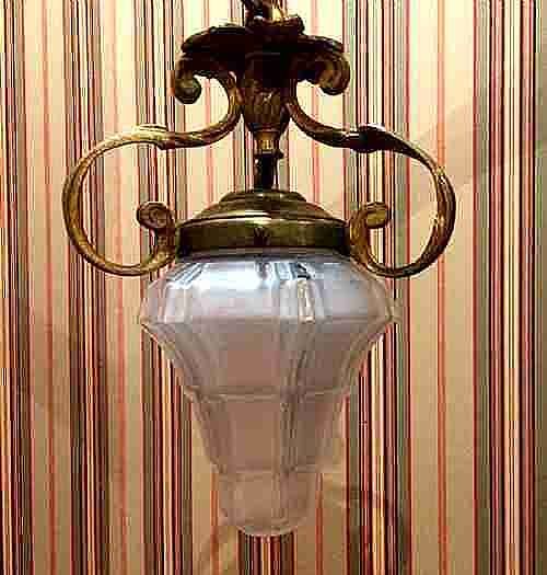 Wonderful 1900 French Hall Lantern Bronze and Frosted Glass