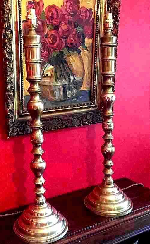 Tall and Imposing Pair Consol Lamps Brass