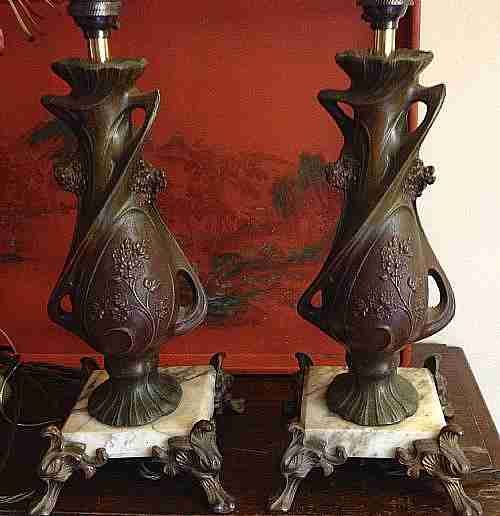 Traditional Pair French 19th Century Table Lamps Bronze on Marble