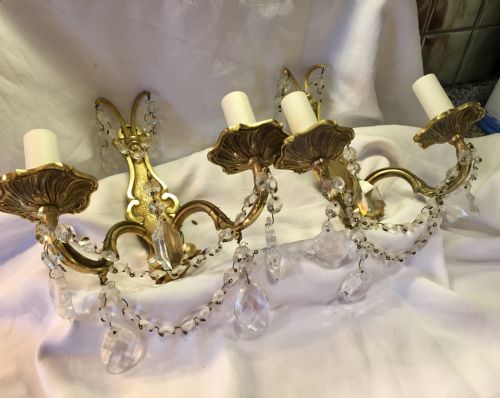 Original  Pair French  Wall Lights Bronze and Crystal