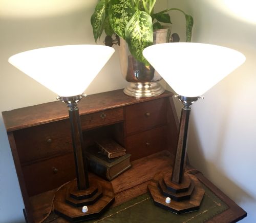 Pair Art Deco  Uplighter Table Lamps Oak and Opaline