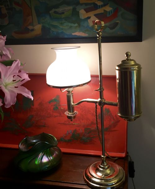 Traditional Edwardian Student Lamp Brass and Opaline