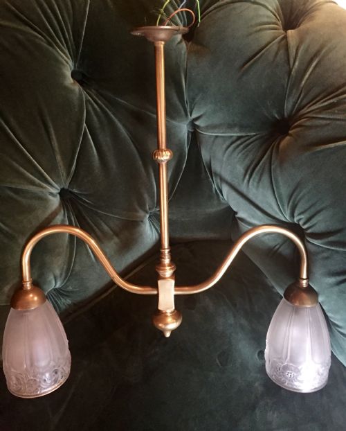 Iconic Edwardian Two Branch Ceiling Light Bronze and Frosted Glass