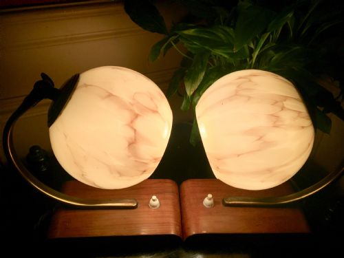 Iconic Pair Art Deco Adjustable 
Desk Lamps Brass Opaline and Oak