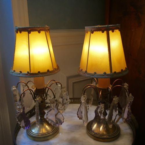 Romantic Pair 1920 Lamps Bronze Crystal and Silk.