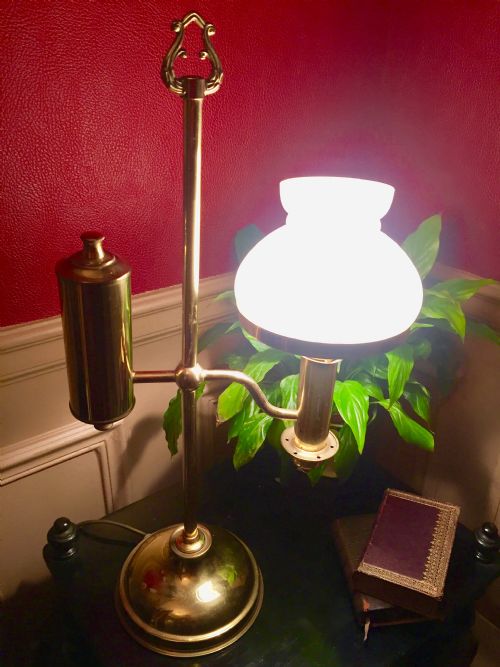 Classic Edwardian Student Lamp Brass and Opaline