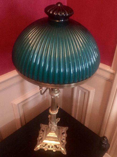 Art Nouveau Desk Lamp Bronze and Green Dome Opaline