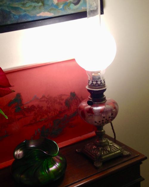 ART NOUVEAU ENAMELLED CONVERTED OIL LAMP - ADDITIONAL PHOTO 2