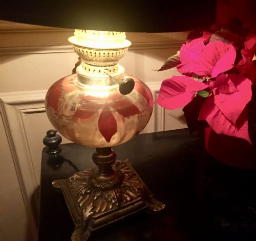 ART NOUVEAU ENAMELLED CONVERTED OIL LAMP - ADDITIONAL PHOTO 4