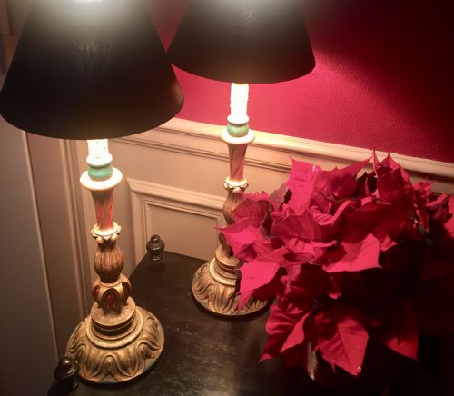 Pair Giltwood Bedside Consol / Sofa Lamps Black Shades