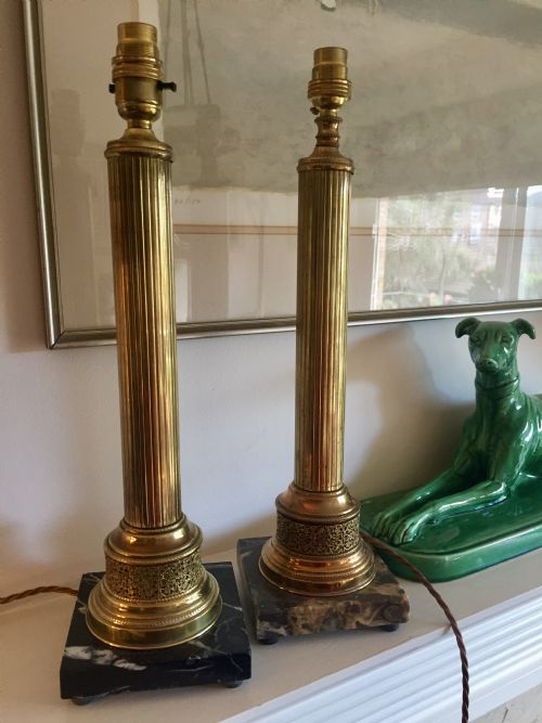 Handsome Near Pair French Obelisks Lamps Brass on Granit