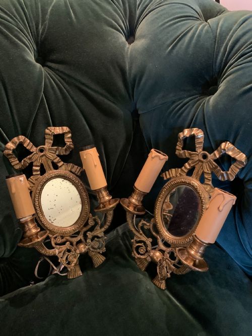 ORIGINAL 1900 FRENCH PAIR MIRROR WALL LIGHTS BRONZE - ADDITIONAL PHOTO 2