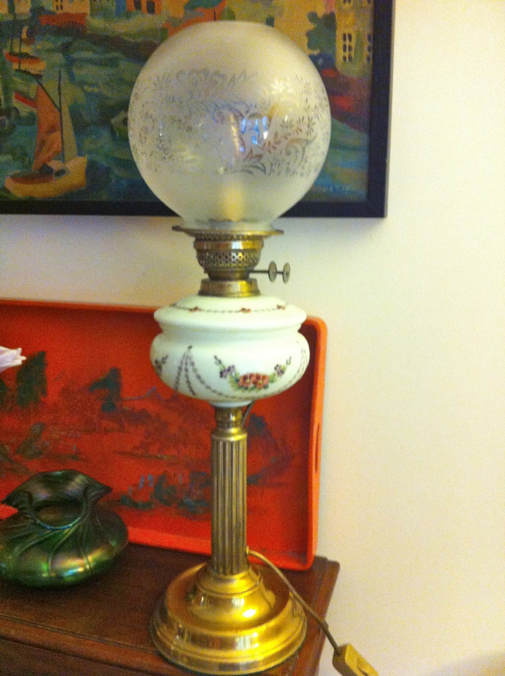 Art Nouveau Brass and Hand Painted Opaline Oil Lamp Converted  to Electrictity