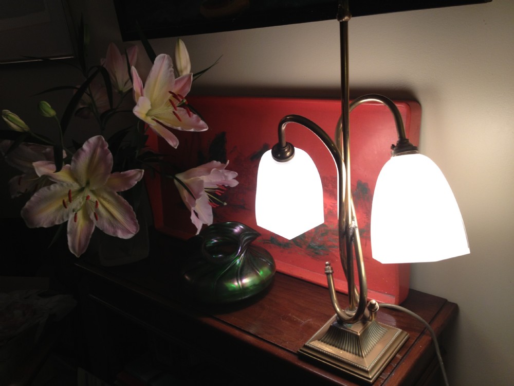 Victorian Twin Desk Lamp Bronze and Opaline
