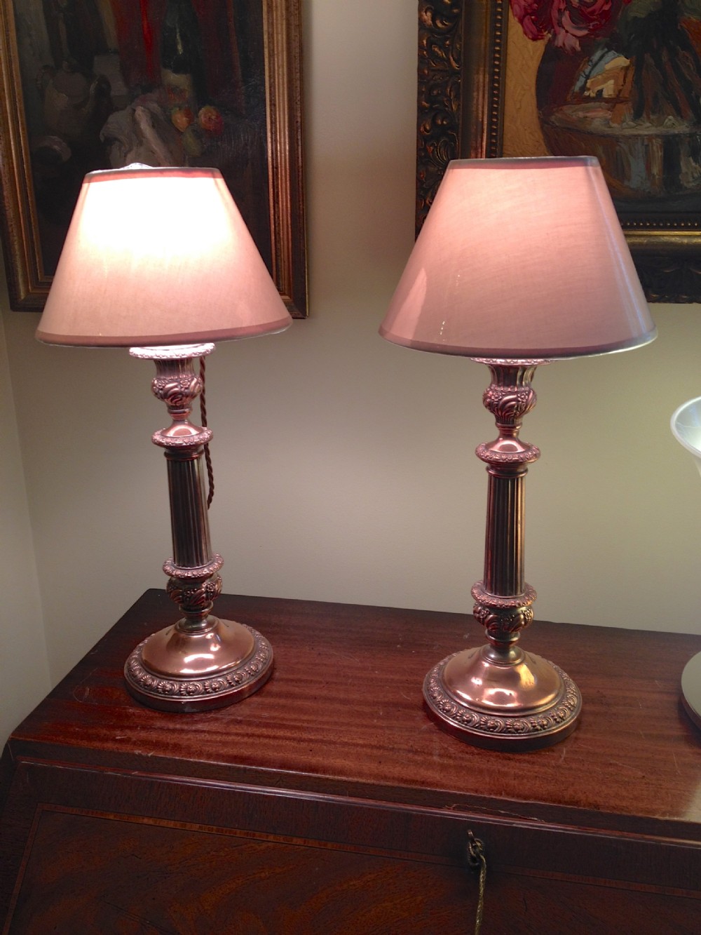 Pair Napoleon III Table Lamps Copper on Silver
