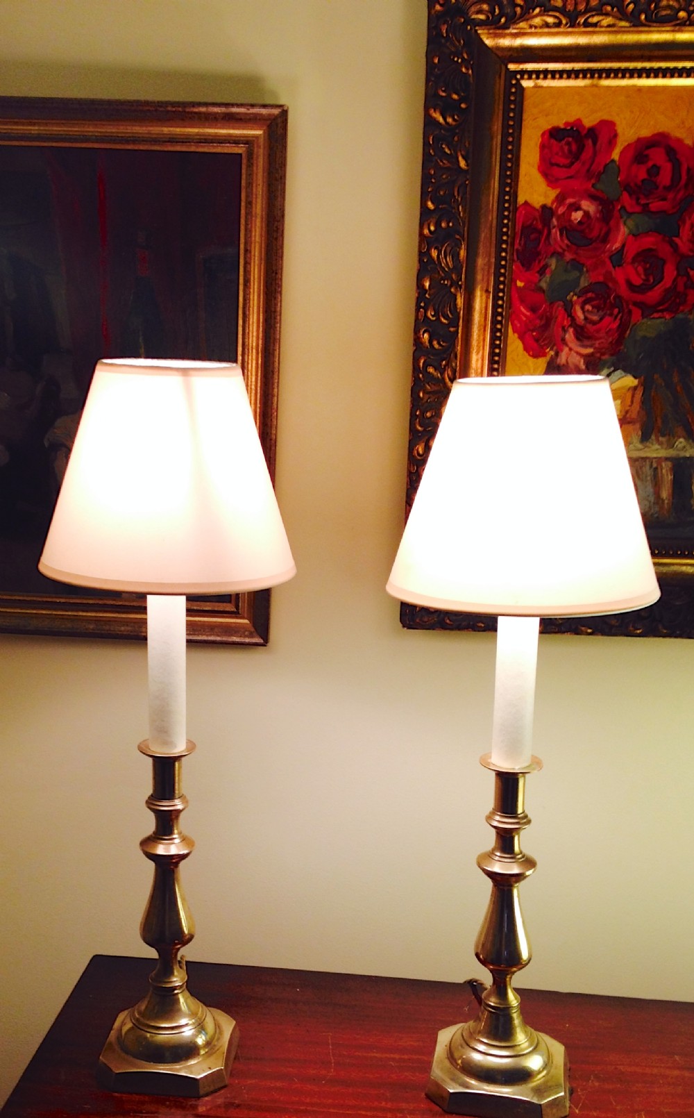 Pair Tall Victorian Table Lamps in Solid Brass