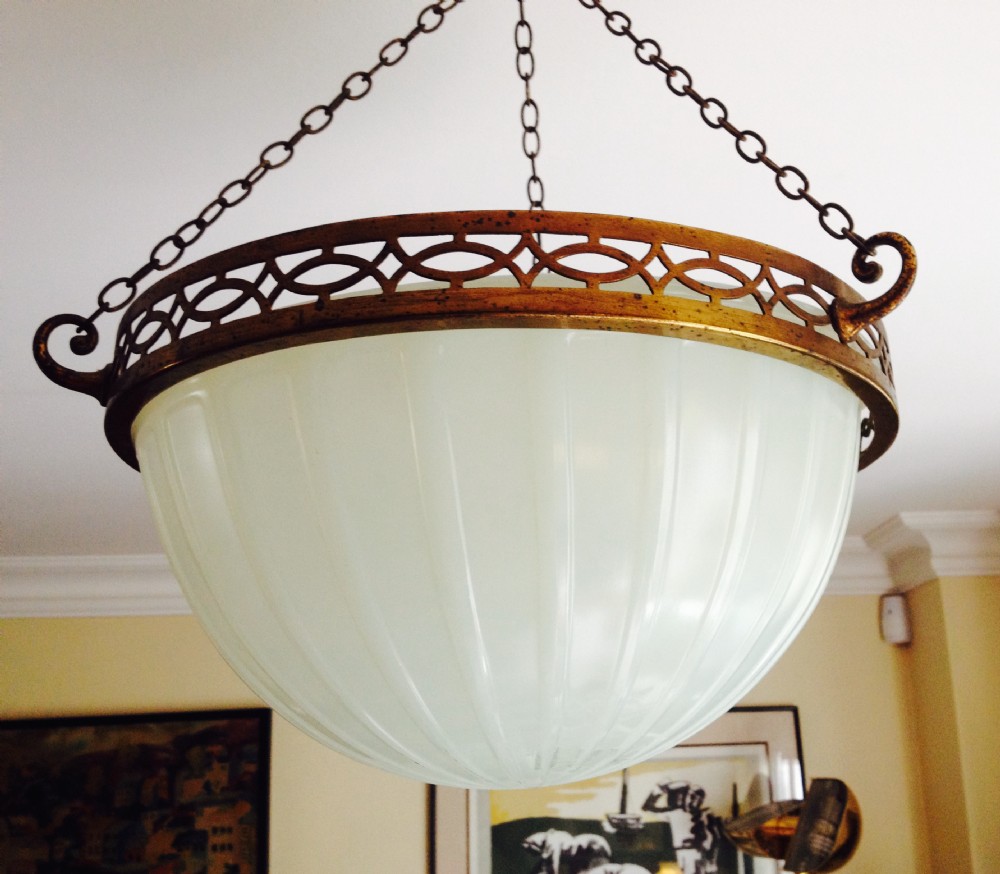 Stylish Art Deco Dome Ceiling Lamp Opaline and Bronze