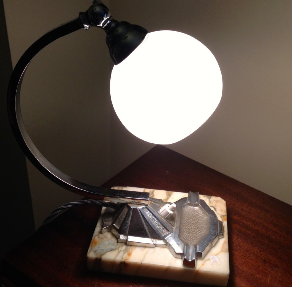 Art Deco Adjustable Desk Lamp Ashtray and Vide Poche Chrome on Marble