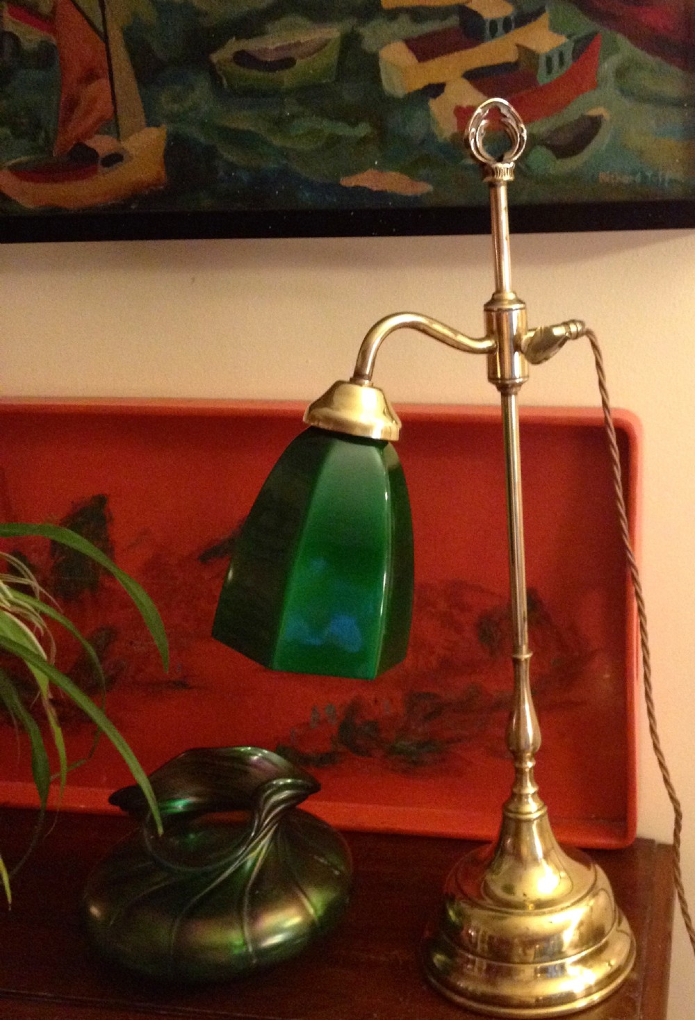 Handsome Library Lamp Brass and Opaline