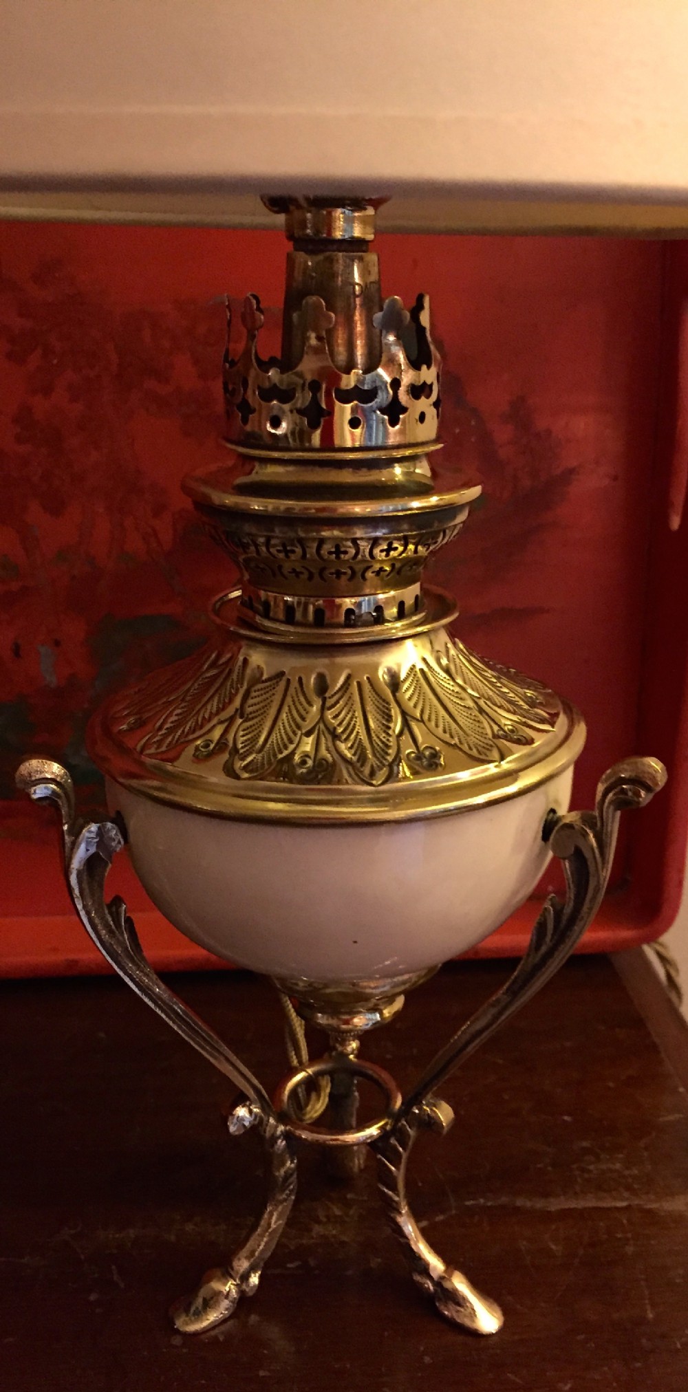 Napoleon III Tripod Converted Oil Lamp Bronze and Porcelain de Paris