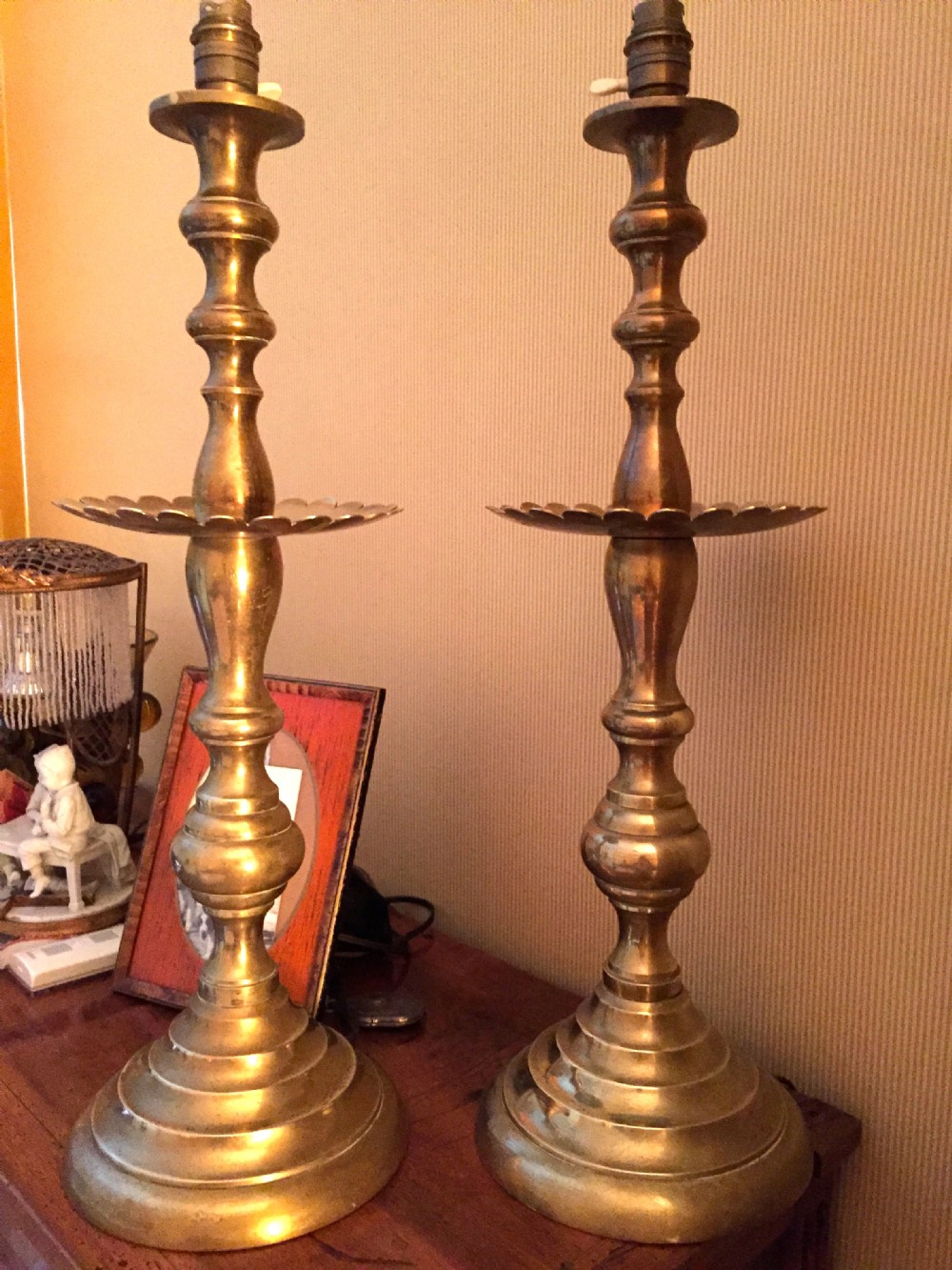 Impressive Pair Tall Belle Epoque Table Lamps Brass