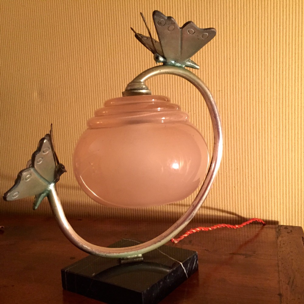 Art Deco Dragonfly Desk Lamp Chrome Marble and Opaline