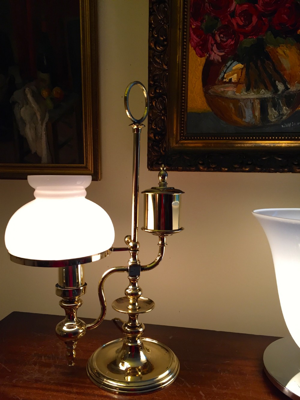 Wonderful Mid 19th Century  Student Lamp Brass and Opaline