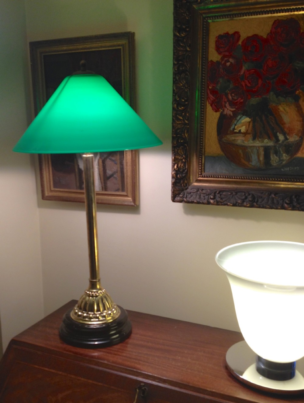 Impressive Tall Edwardian Table Lamp Brass and Green Opaline