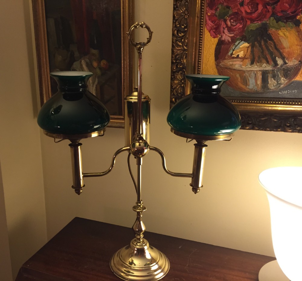 Fine Quality  Library Lamp Brass and Green Opaline