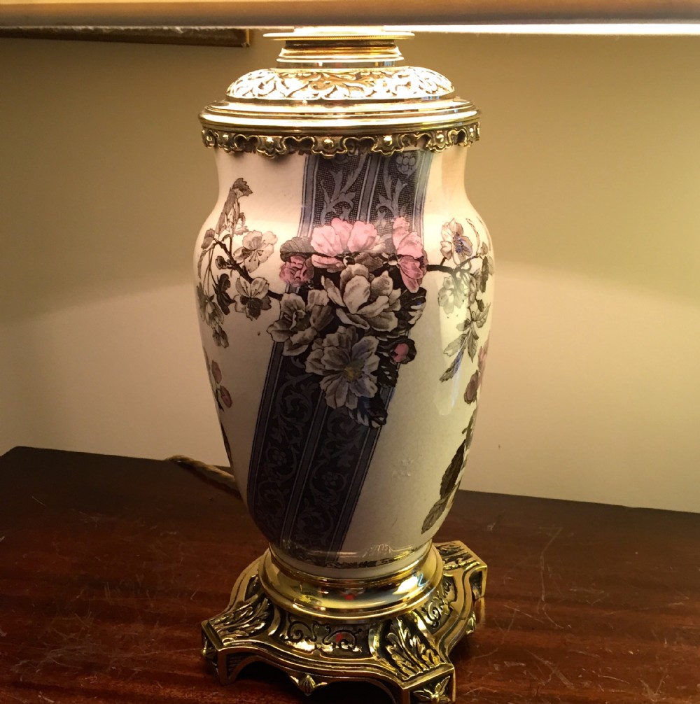 Napoleon III Converted Oil Lamp Hand Painted Ceramic and Bronze