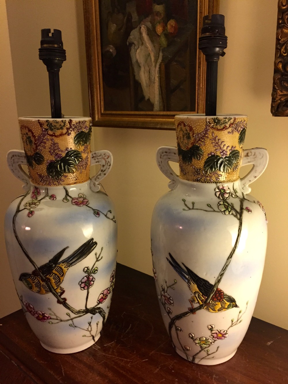 Imposing Pair Large  Oriental Enamelled Urn Table Lamps