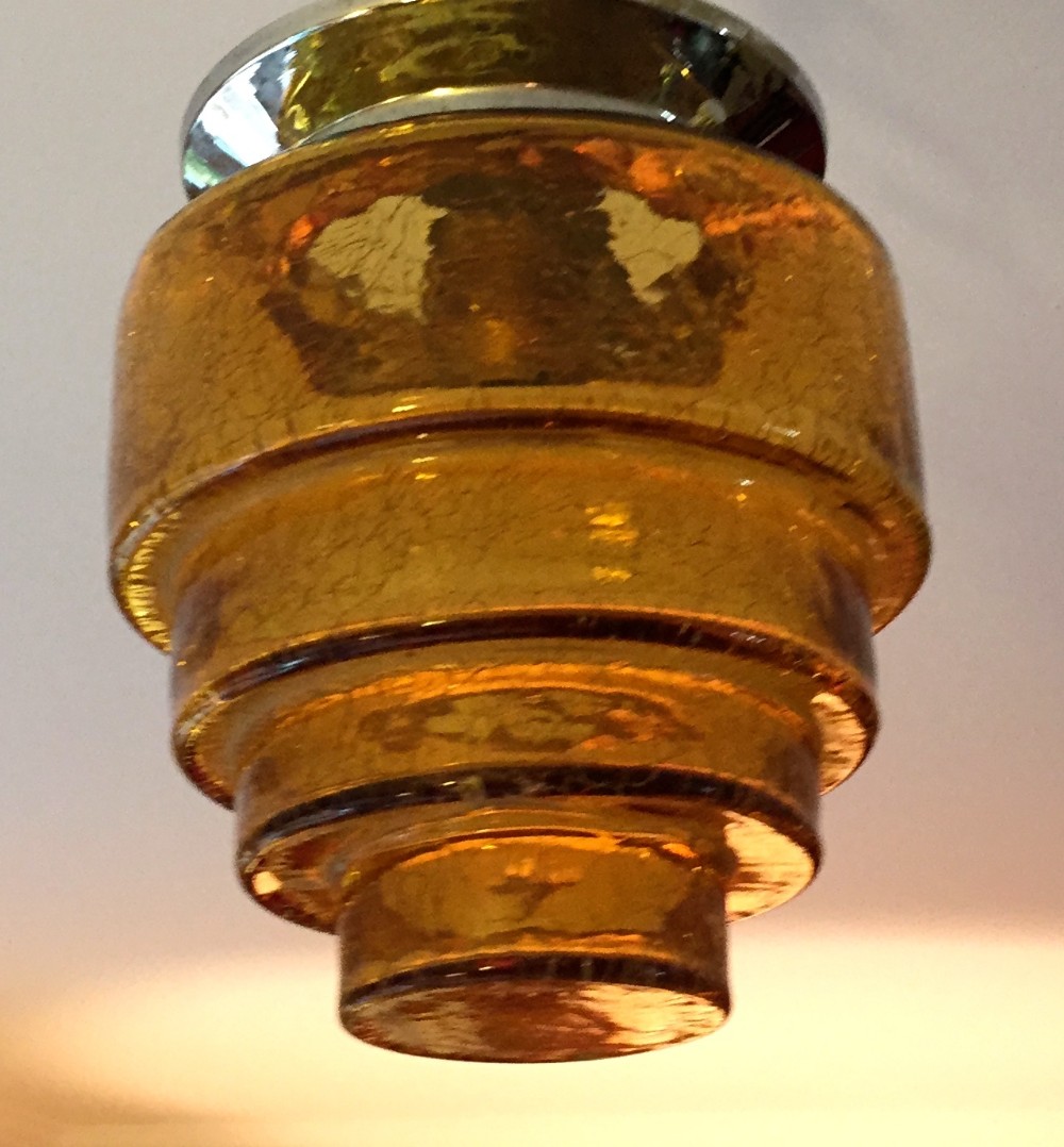 Art Deco Skyscraper Ceiling Lamp Amber Crackle Glass on Chrome