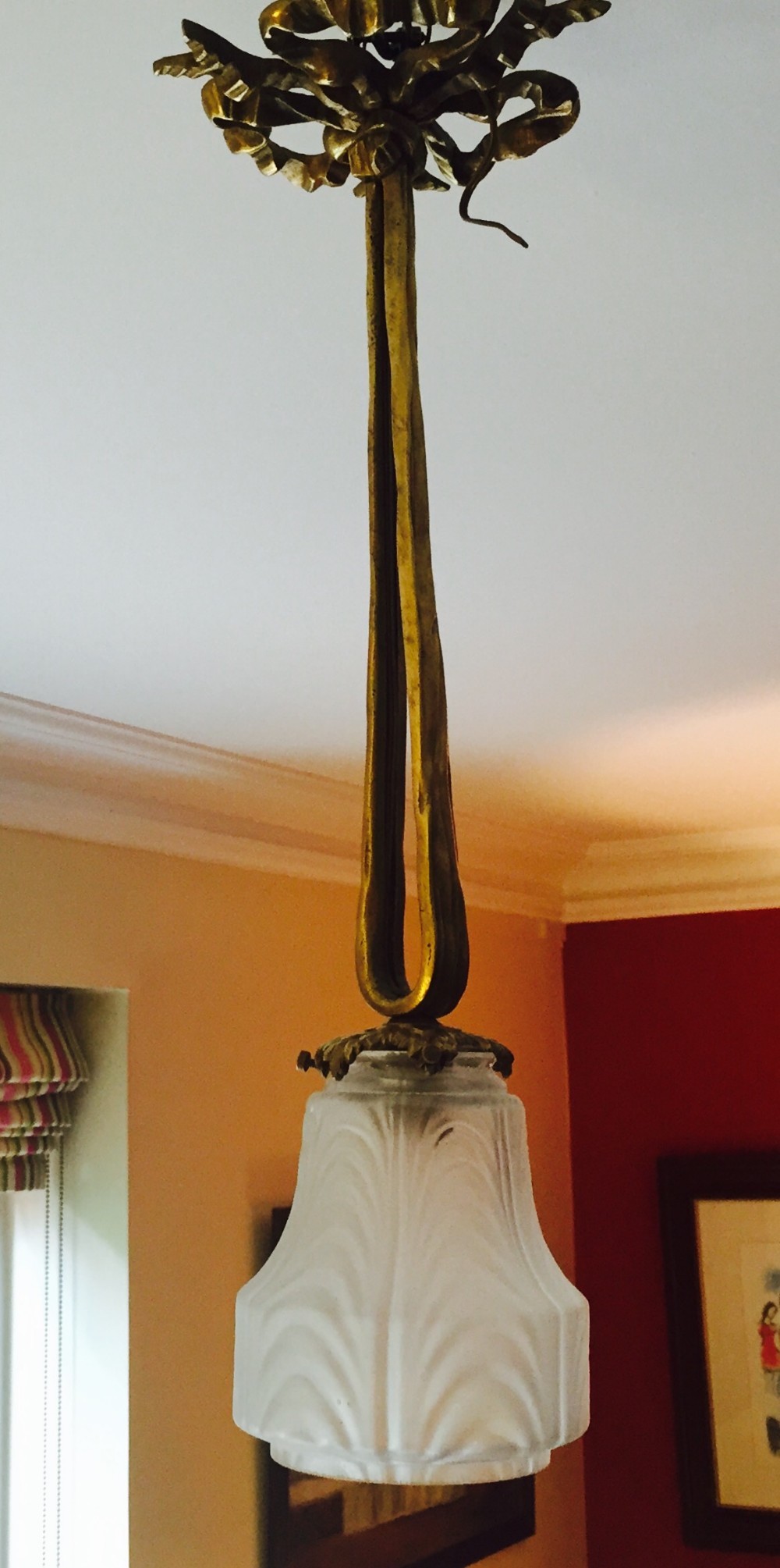 Beautiful 1900 Ceiling Suspension Ribbon and Bow  Bronze and Pate de Verre