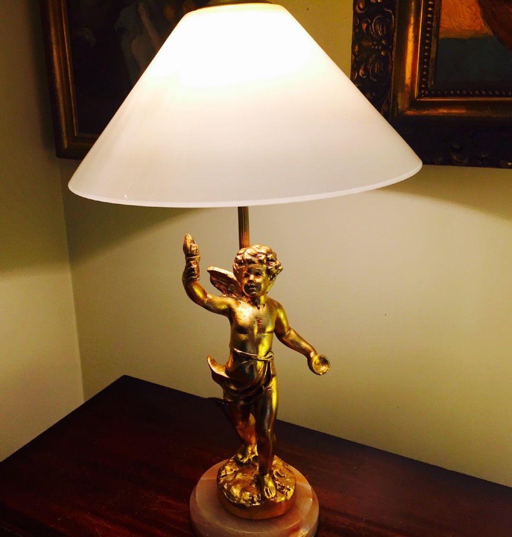 1920 Cherub Table Lamp Gilt Bronze on Onyx