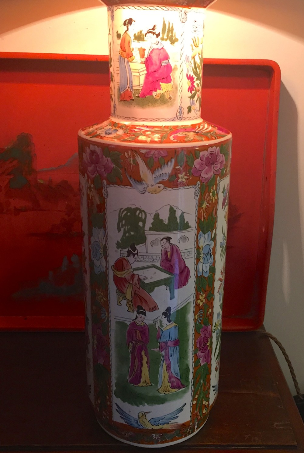 Large Oriental Table Lamp Famille Rose Faience