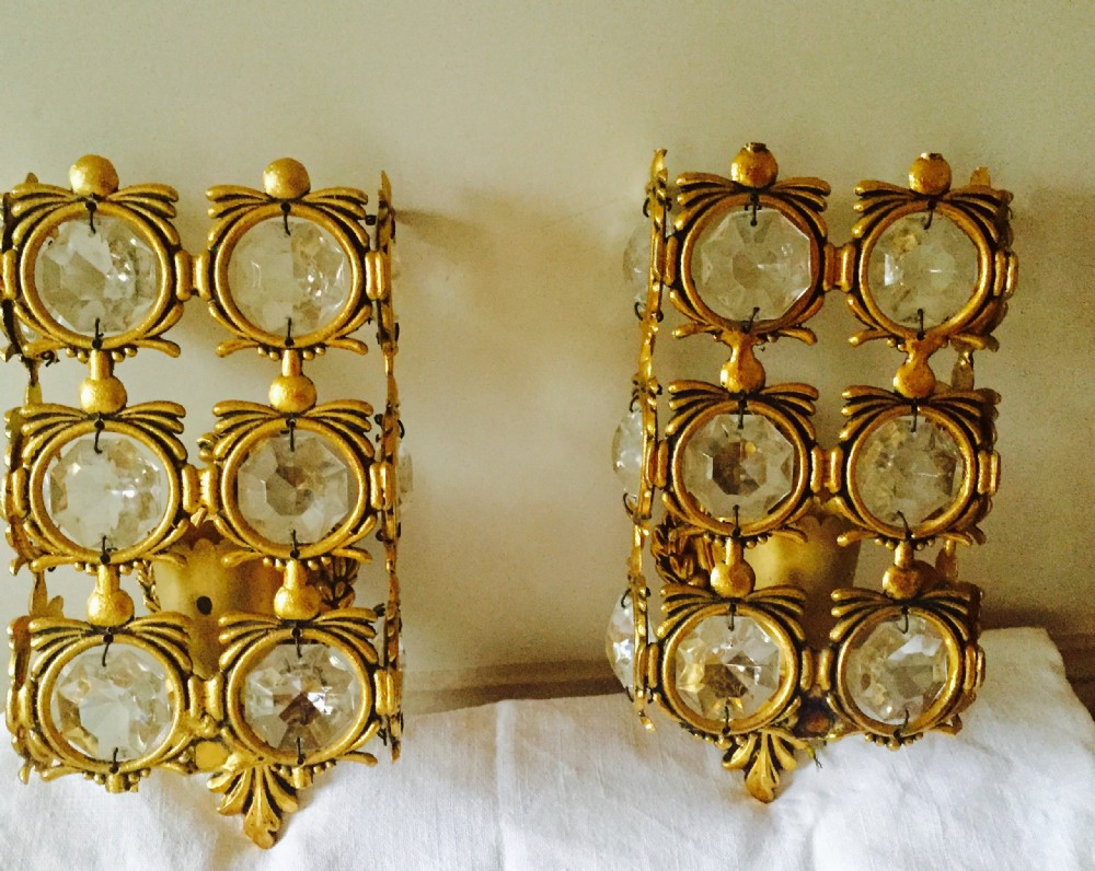Wonderful Pair 1920 Wall Lights Brass and Crystal