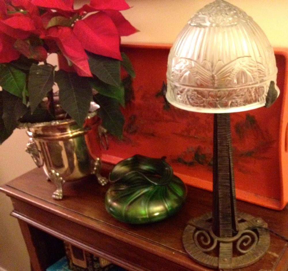 Classic Art Deco Table Lamp Wrought Iron and Frosted Glass Dome