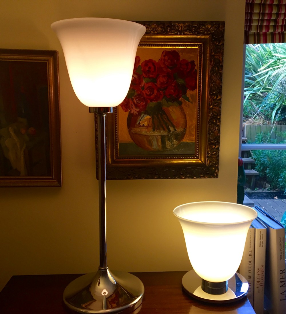 Tall Art Deco Desk Lamp Chrome and Opaline