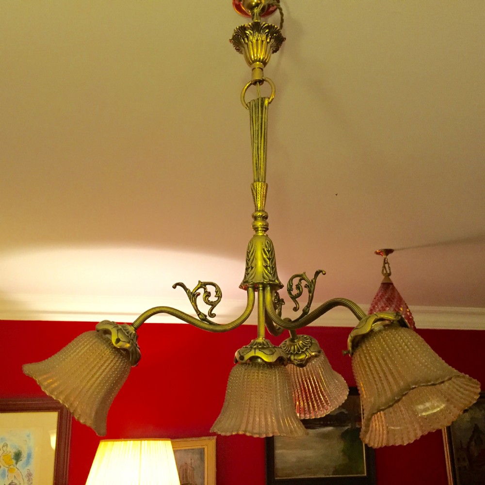 1920 Italian Chandelier Brass and Murano Shades