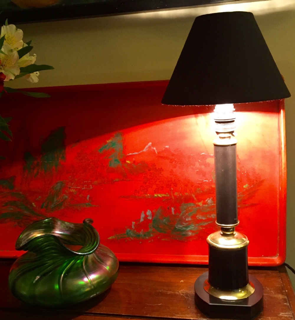 Empire Style Column Desk Lamp Black Tolware Brass and Marble Base