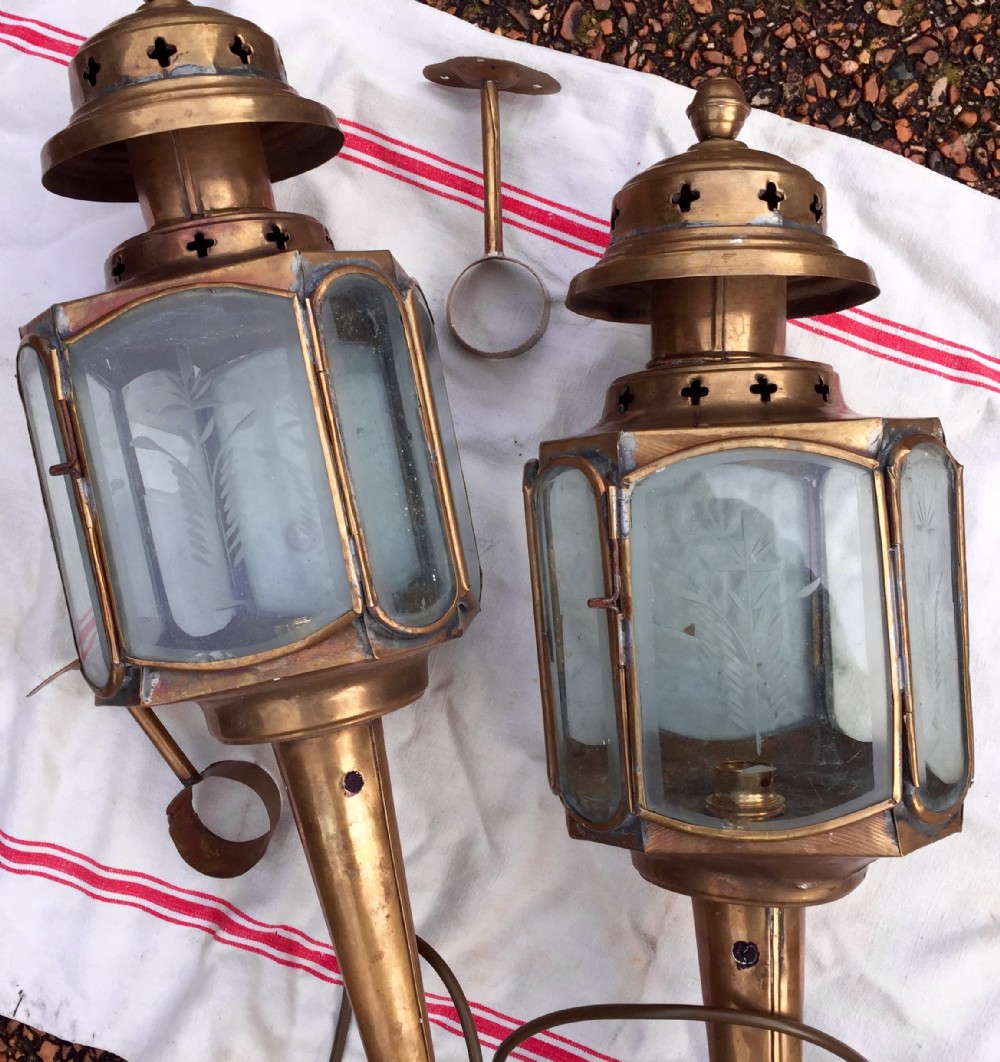 Traditional Pair French Coach Lanterns Brass and Etched Glass
