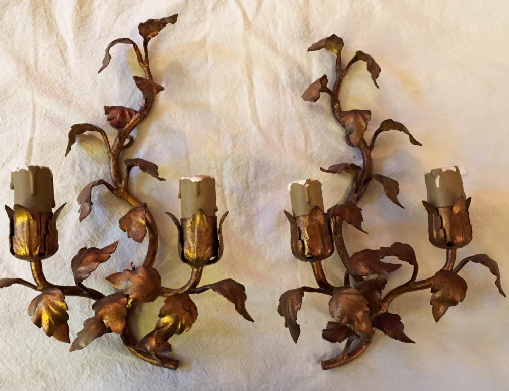 Decorative Pair 1920 Patinated Gilt Wall Lights