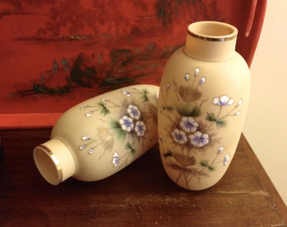 Wonderful Pair Art Nouveau Opaline Vases Enamelled

